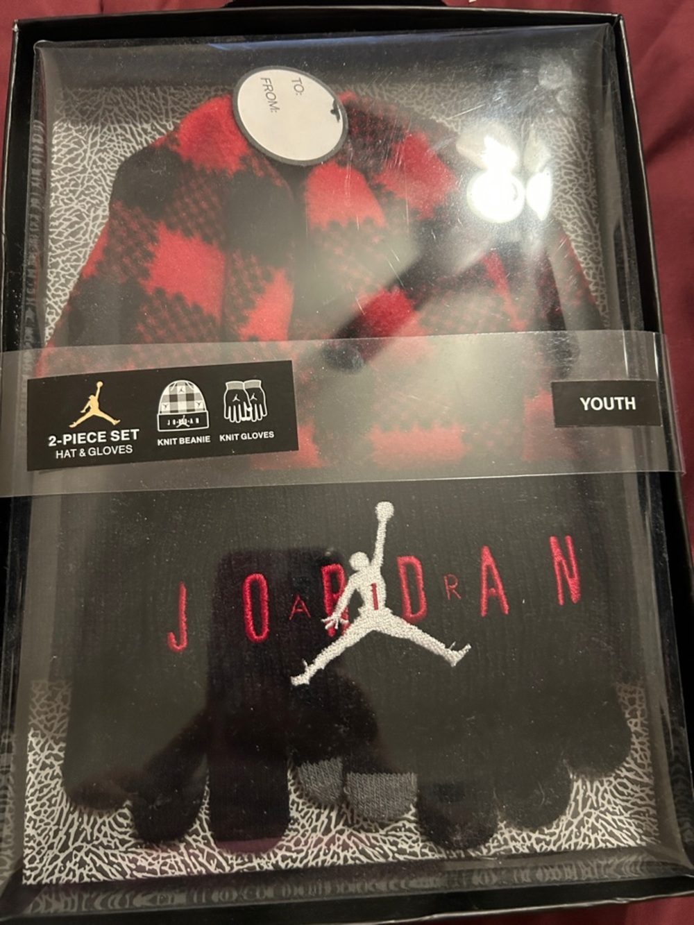 Jordan Youth Black Gloves with Red & Black Plaid Beanie Set